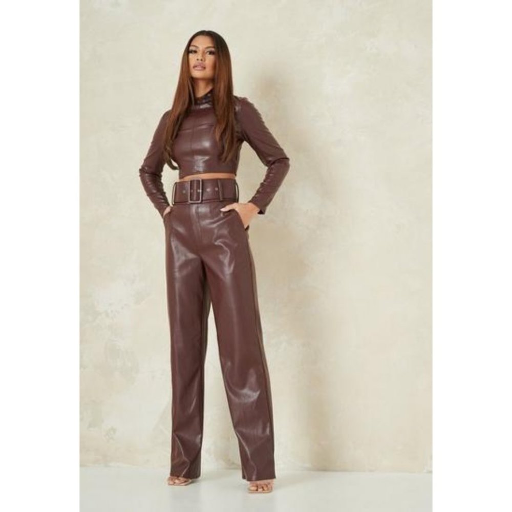 Missguided faux leather belted trousers